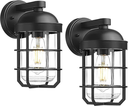 Emliviar 2-Pack Outdoor Exterior Wall Light Fixtures for Porch, 11.3 Inch Black Wall Mount Lantern with E26 Bulb Base, Clear Tempered Glass, GE255BL-2PK BK
