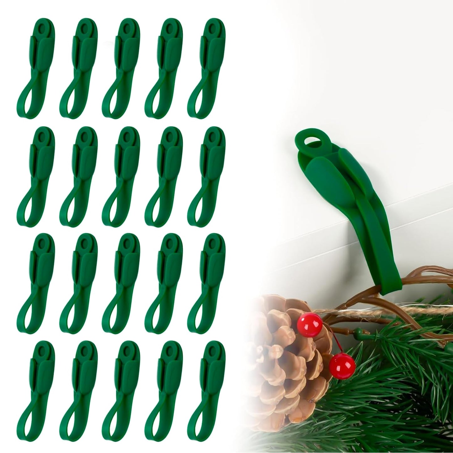 Duseu 20 Pcs Christmas Garland Ties, Garland Hangers for Mantle, Fireplace Stocking and Wreath Hanger Hooks Silicone Adhesive Straps Holder for Door Frame