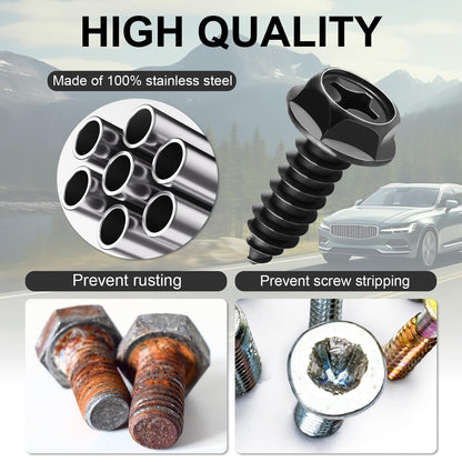 LivTee Rustproof License Plate Screws for Securing License Plates Frames and Covers on Cars and Trucks, 4 Sets Premium Stainless Steel Self Tapping Mounting Bolts (Black Zinc Plated)