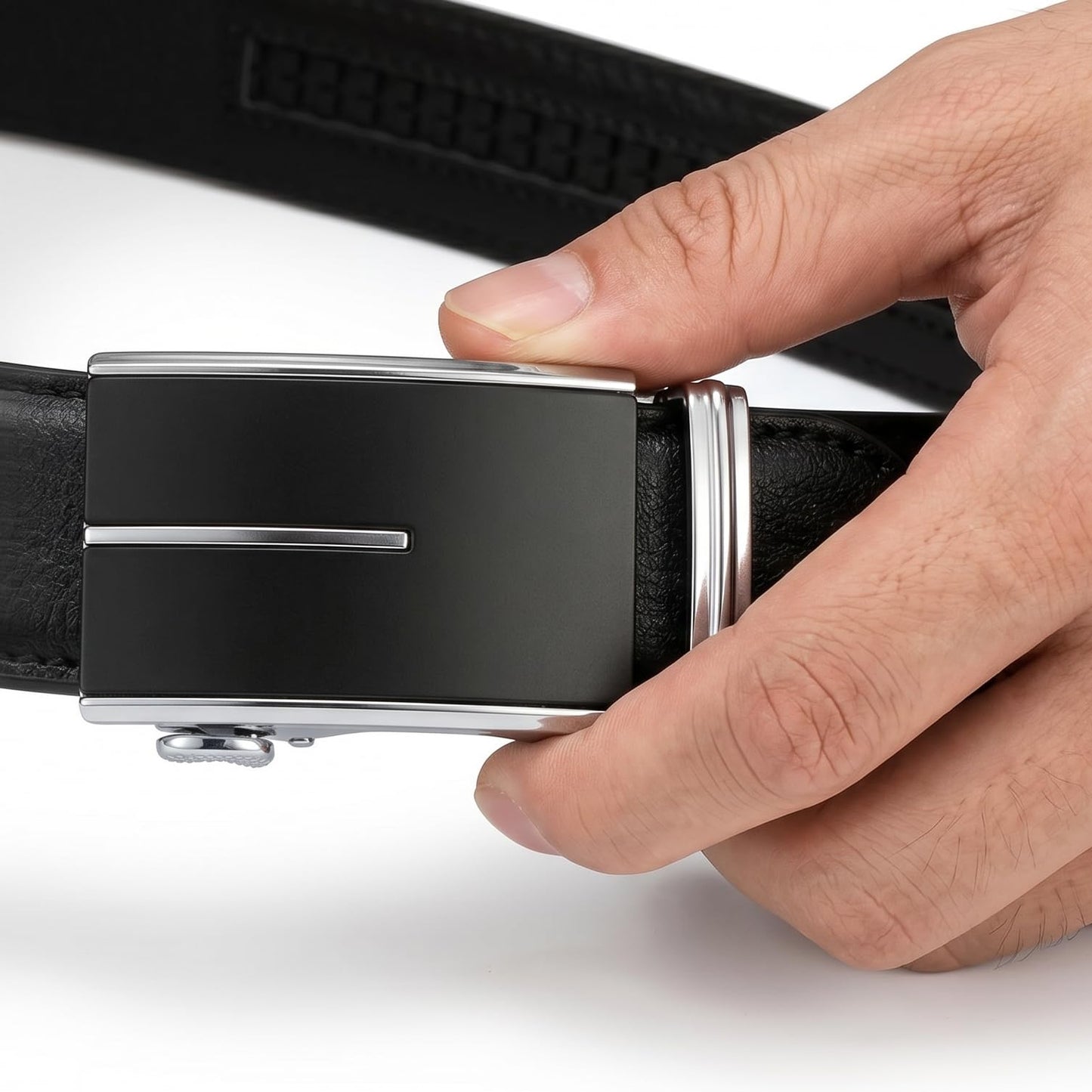 JINIU Mens Ratchet Belt Genuine Leather – Automatic Click Buckle Dress Belt with Minimalist Matte Black & Silver Design, Adjustable Trim to Fit Belt for Business, Work and Casual KT1 43"