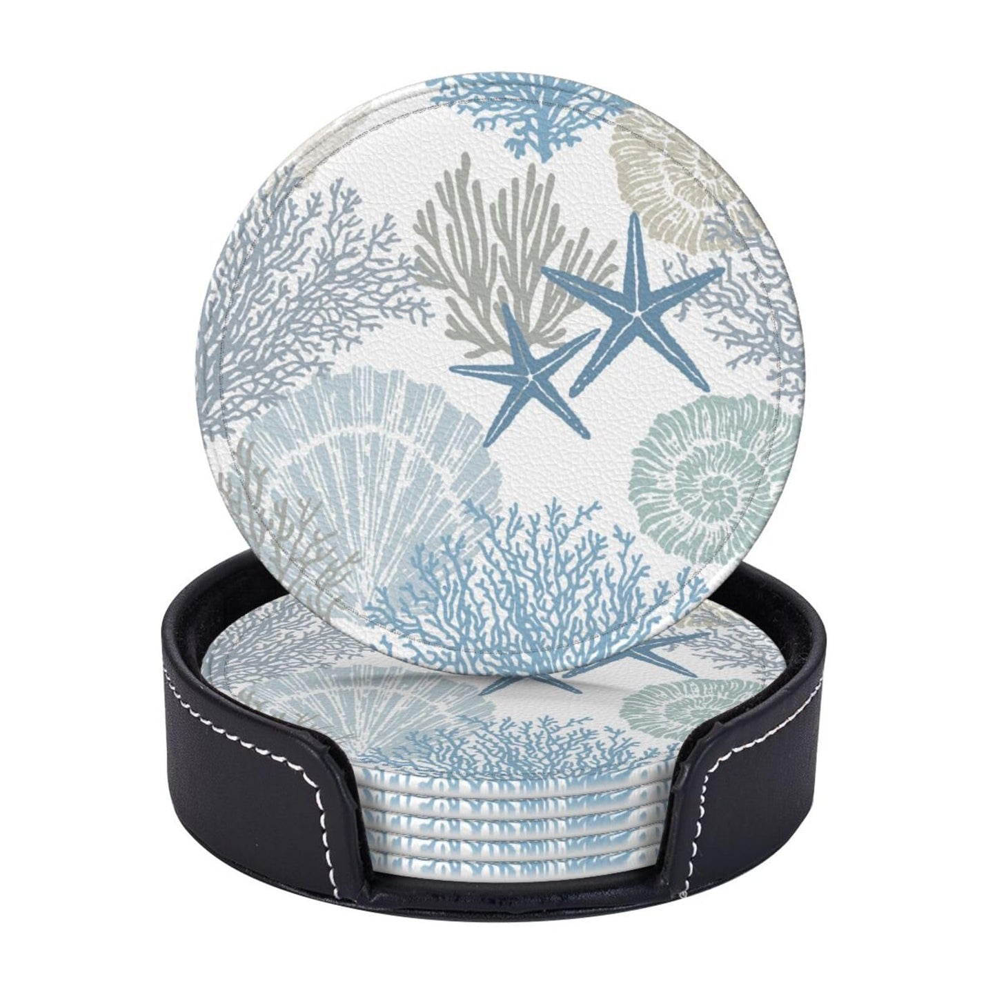 Nautical Sea Shell Star Coral Coastal Coasters for Drinks Round Leather Coaster with Holder Set of 6 for Tabletop Protection Desk Accessories Office Home Room Decor