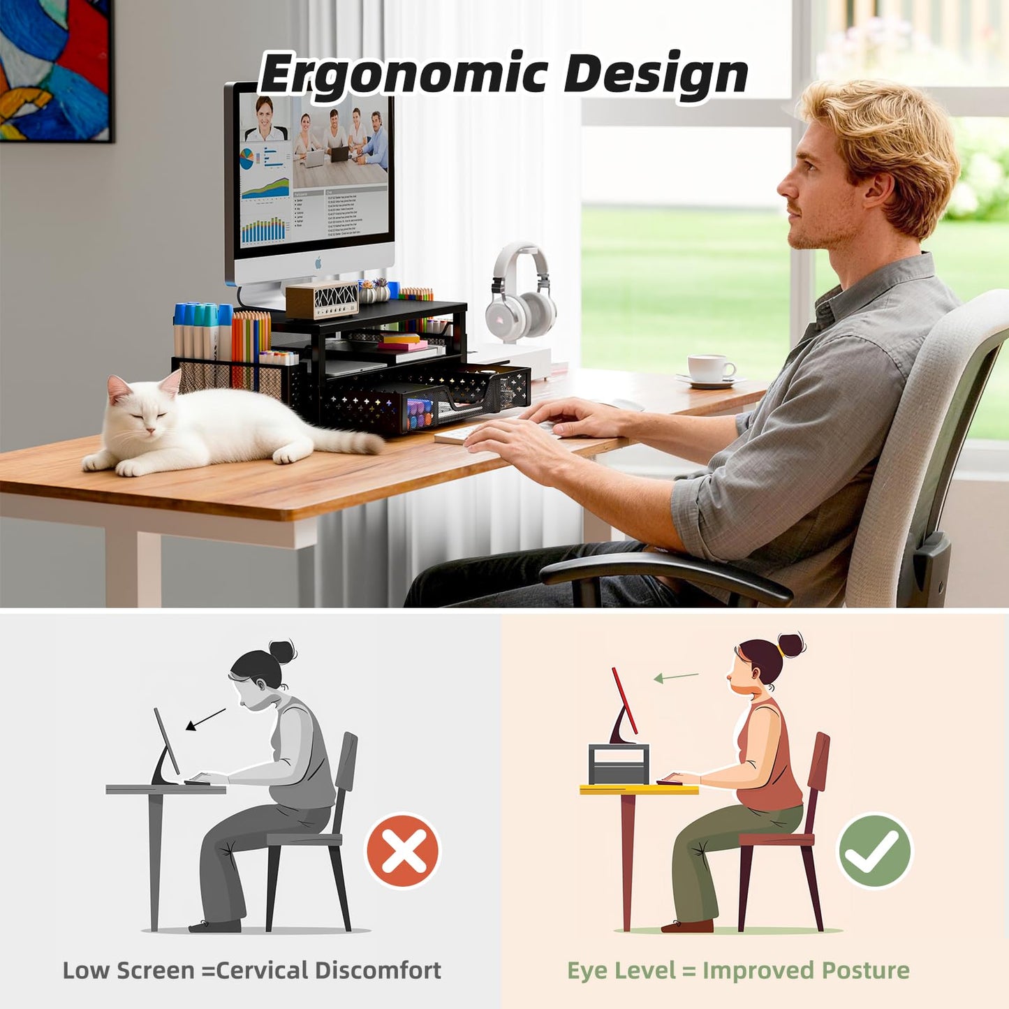 Simple Trending Desk Organizer and Accessories, 2-Tier Computer Monitor Stand Riser with Drawer and 2 Pen Holders for Office Supplies, Black