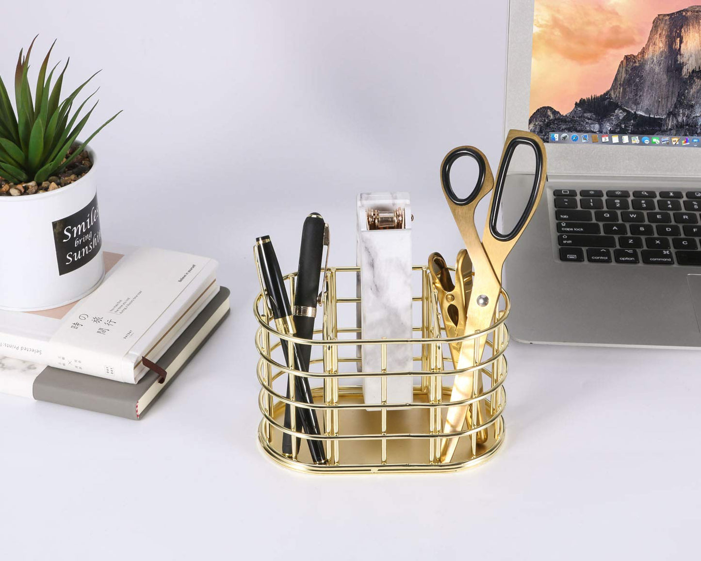 Nugorise Pen Holder, 3 Compartment Metal Pencil Holder Stationery Organizer, Decorative Desktop Storage Holder for Office Supplies, Gold