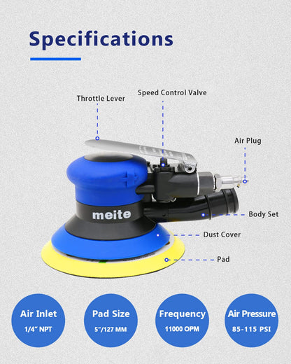 meite Random Orbital Sander 5 Inch Pad with Dust Collection System, DA Palm Sander with Variable Speed & Low Vibration, Ergonomic Pneumatic Air Sander for Professional & DIY Woodworking
