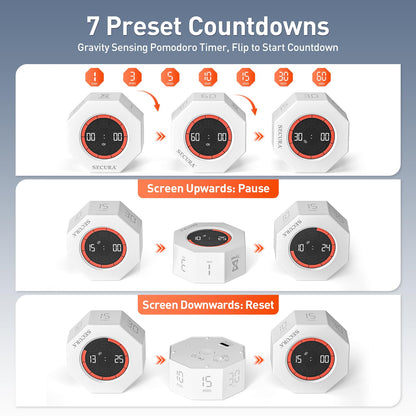 Secura Pomodoro Timer, Rotating Cube Time Tracker, Flip Gravity Sensor with 7 Presets(1/3/5/10/15/30/60 Min), Visual Progress Bar for ADHD, Kids, Tasks, Work, Study (White)