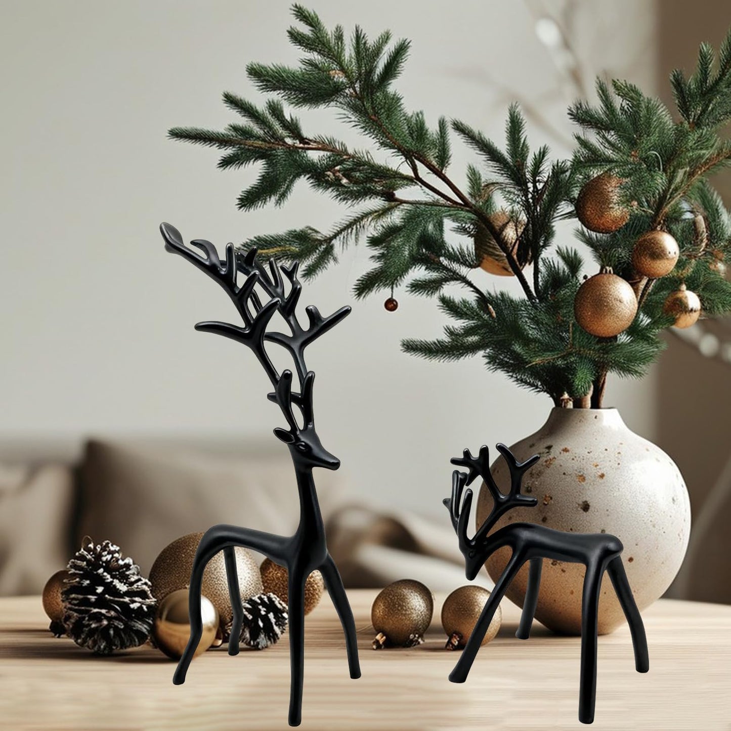 YUNLINGDADA Set of 2 Black Reindeer Christmas Decor, Christmas Decorations, Metal Reindeer Statues, Black Metal C-hristmas R-eindeer Figurine, Ideal for Mantel Living Room Bedroom Office