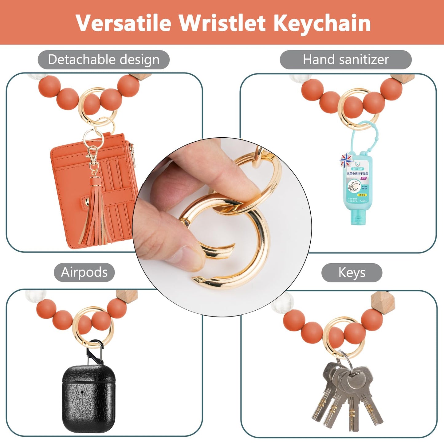 KNGITRYI Wallet Keychain Wristlet for Women,Slim RFID Credit Card Holder Purse Tassel Keychain Bangle Key Ring for Men Women(Coral)