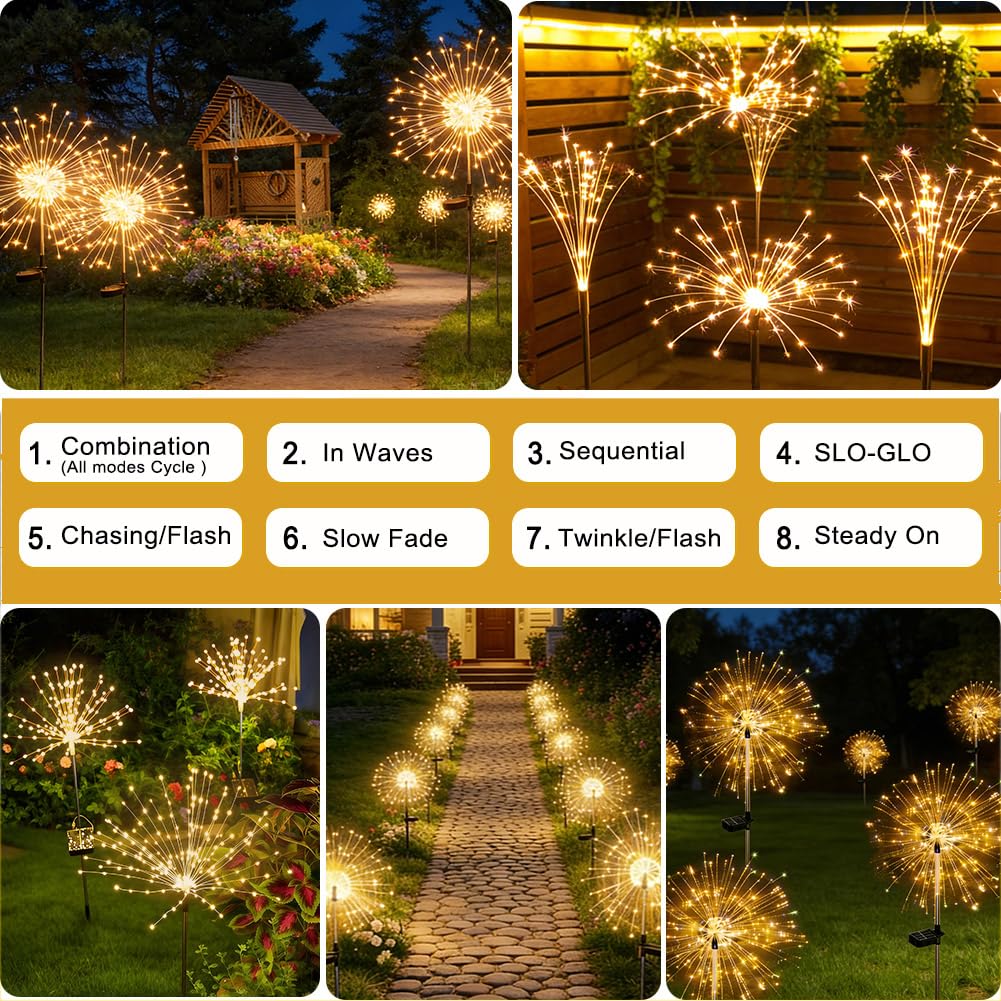 Boutispan 150 LED Solar Fireworks Lights Outdoor Waterproof, 4 Pack 8 Modes Twinkling Fireworks Solar Fairy Lights for Garden Yard Patio Flowerbed Lawn Planter Walkway Decor (Warm White)
