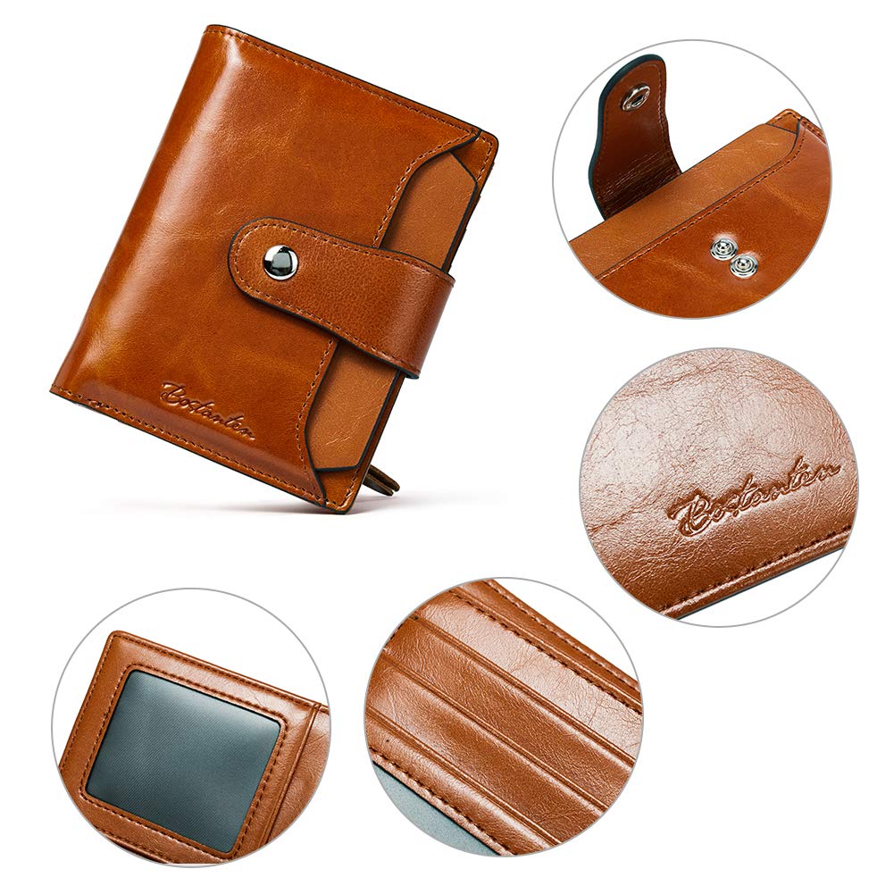 BOSTANTEN Women Leather Wallet RFID Blocking Small Bifold Zipper Pocket Wallet Card Case Purses with ID Window Brown