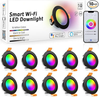 inShareplus 2 Inch Smart Recessed Lighting 10 Pack, 5W WiFi RGB LED Downlight 2700-6500K Dimmable, Color Changing, Black Trim, Alexa Google Compatible, with LED Driver, 120V Ceiling Lights