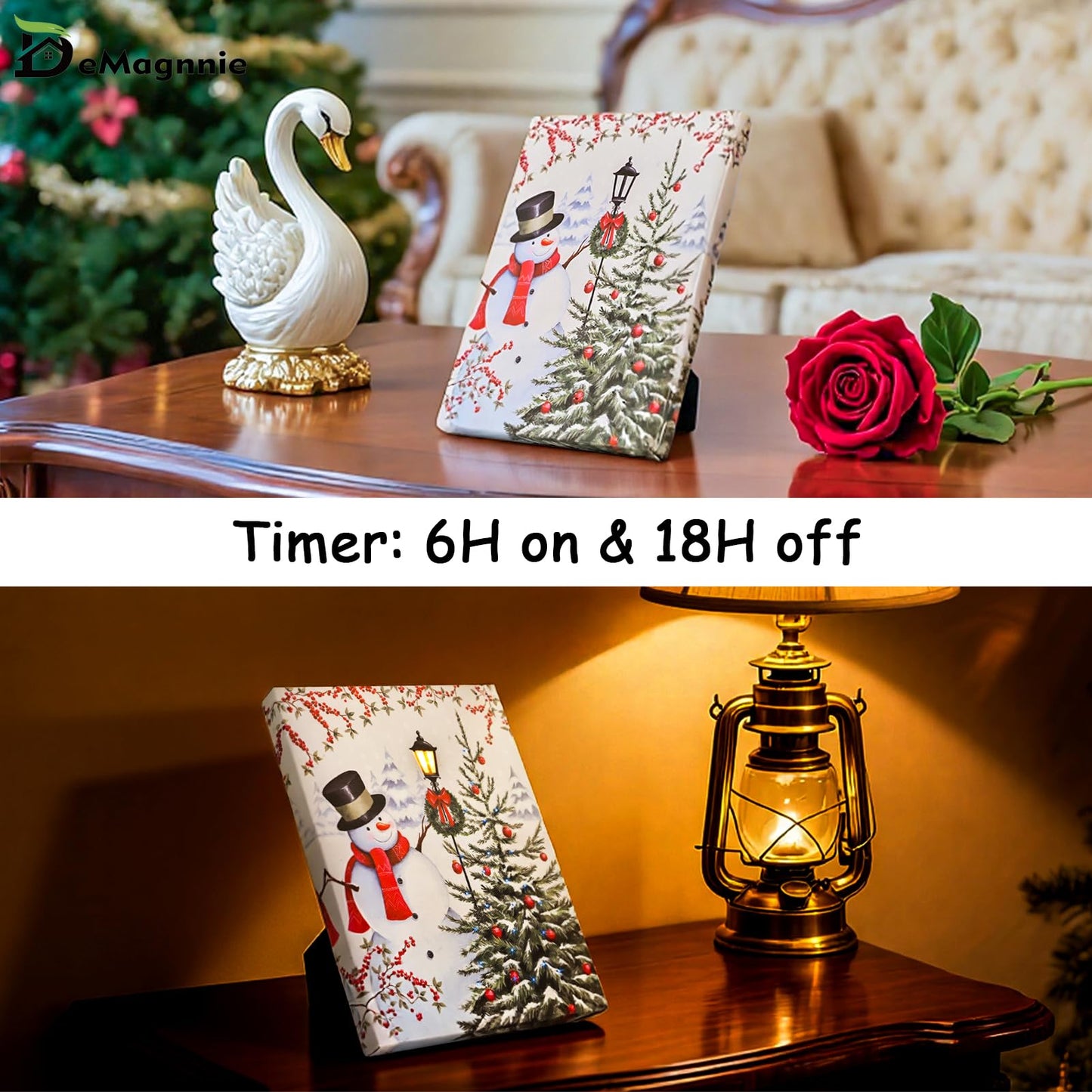 DEMAGNNIE Light Up Canvas Prints w/Timer - 8"x6" Snowman Decor w/Lamp Post LED Christmas Pictures w/Fiber Optic Lights Run by Batteries - Mini Wall Art Painting Print Standing Framed for Tabletop