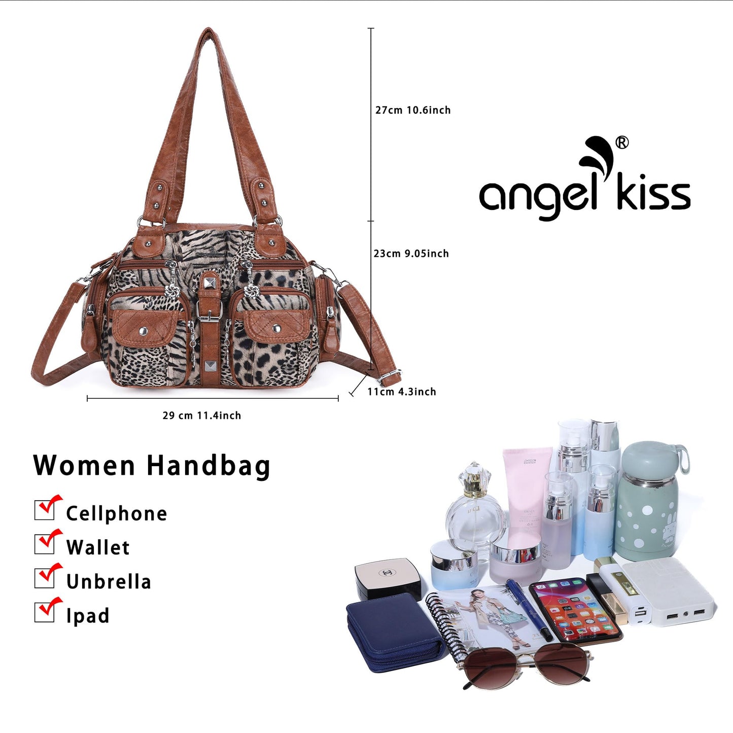 Angel Kiss Hobo Crossbody Purses for Women Shoulder Bag Multipocket Soft Hobo Purses Removable Strap Leather Handbags