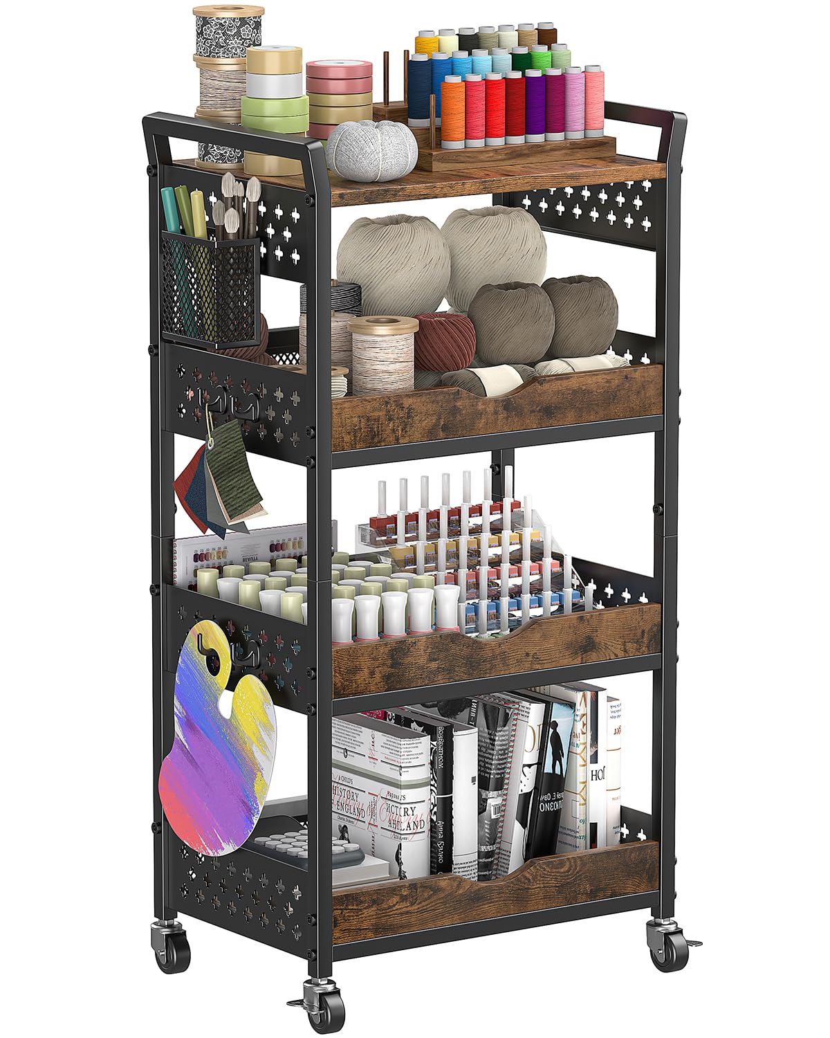 MJIMKE 4-Tier Utility Rolling Cart with Wheels - Kitchen Organizations and Storage Metal Cart, Detachable Fruits Coffee Snacks Art Craft Storage Cart for Bathroom, Pantry & Laundry, Black
