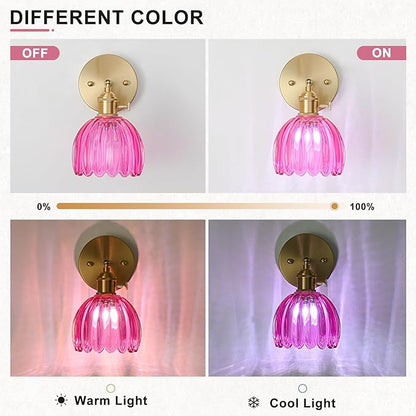 Hardwired Wall Sconce Light, Vintage Wall Sconce with Switch, Gold Wall Light Fixture with Tulip Ruby Red Glass Lampshade, Indoor Wall Light for Bedroom Bathroom, Bedside Wall Lamp