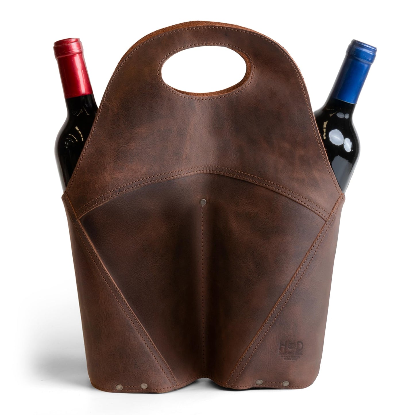 Hide & Drink, Double Wine Bottle Carrier, Holder Case for Bordeaux Bottle, Tote Bag, Travel Purse, Picnic, Full Grain Leather, Handmade, Bourbon Brown