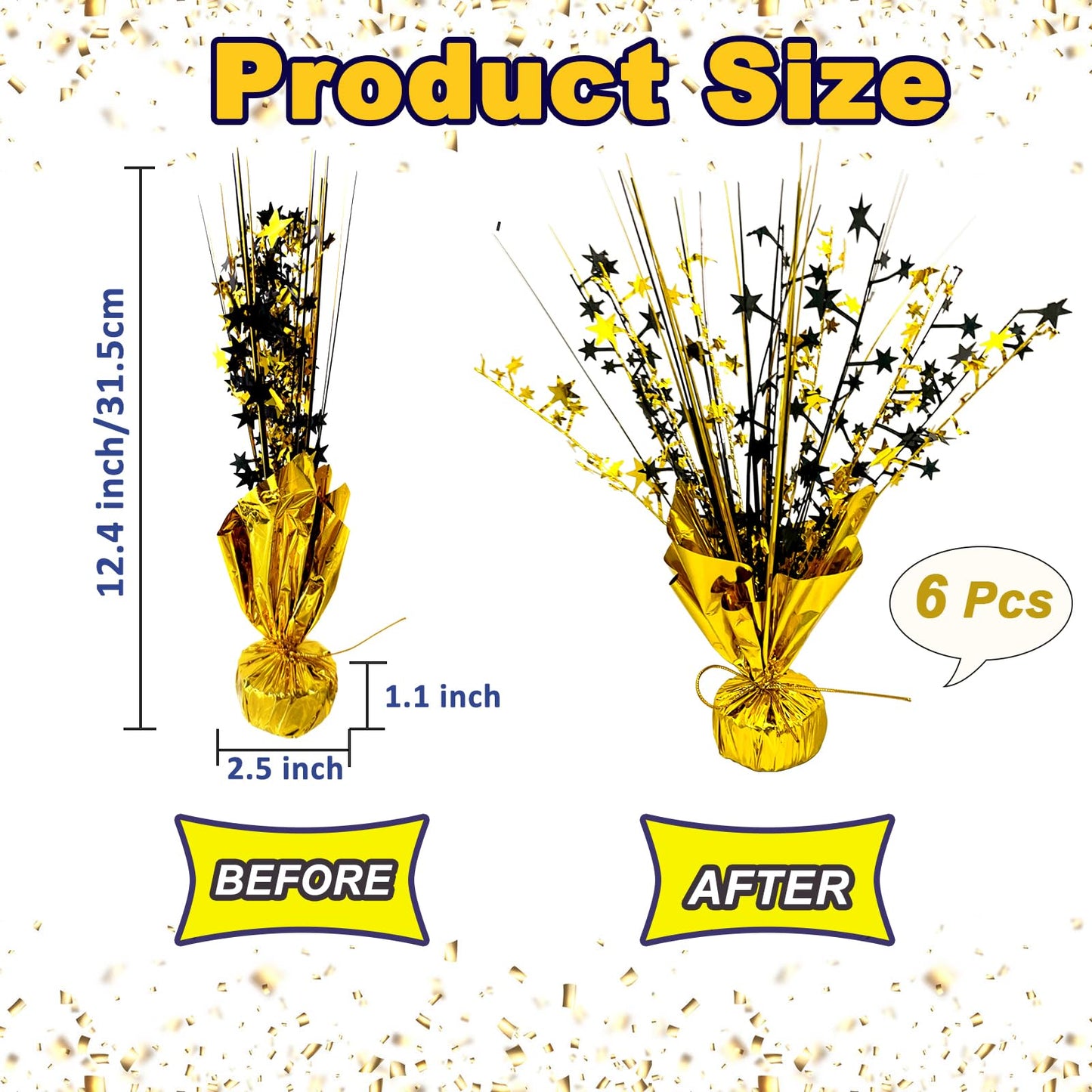 FUBININA 6 Pack 2026 Graduation Table Centerpiece Party Decoration Metallic Foil Spray Centerpiece Glitter Decor Star Tabletop for Graduation New Year Birthday Holiday Party Favor, Black and Gold