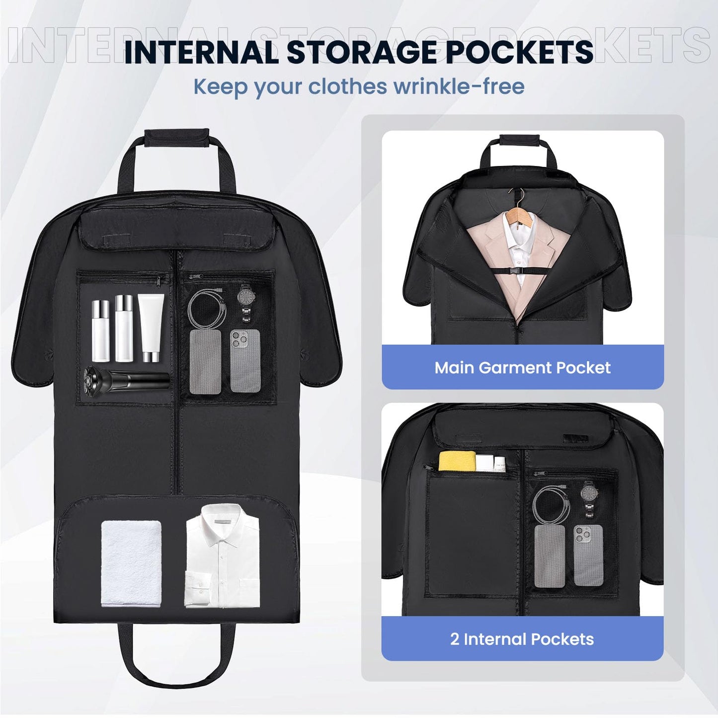 Garment Bags for Travel, Carry on Garment Bag with Shoulder Strap, Foldable Suit Travel Bags for Men, Wrinkle Free Garment Travel Bag for Hanging Clothes, Black