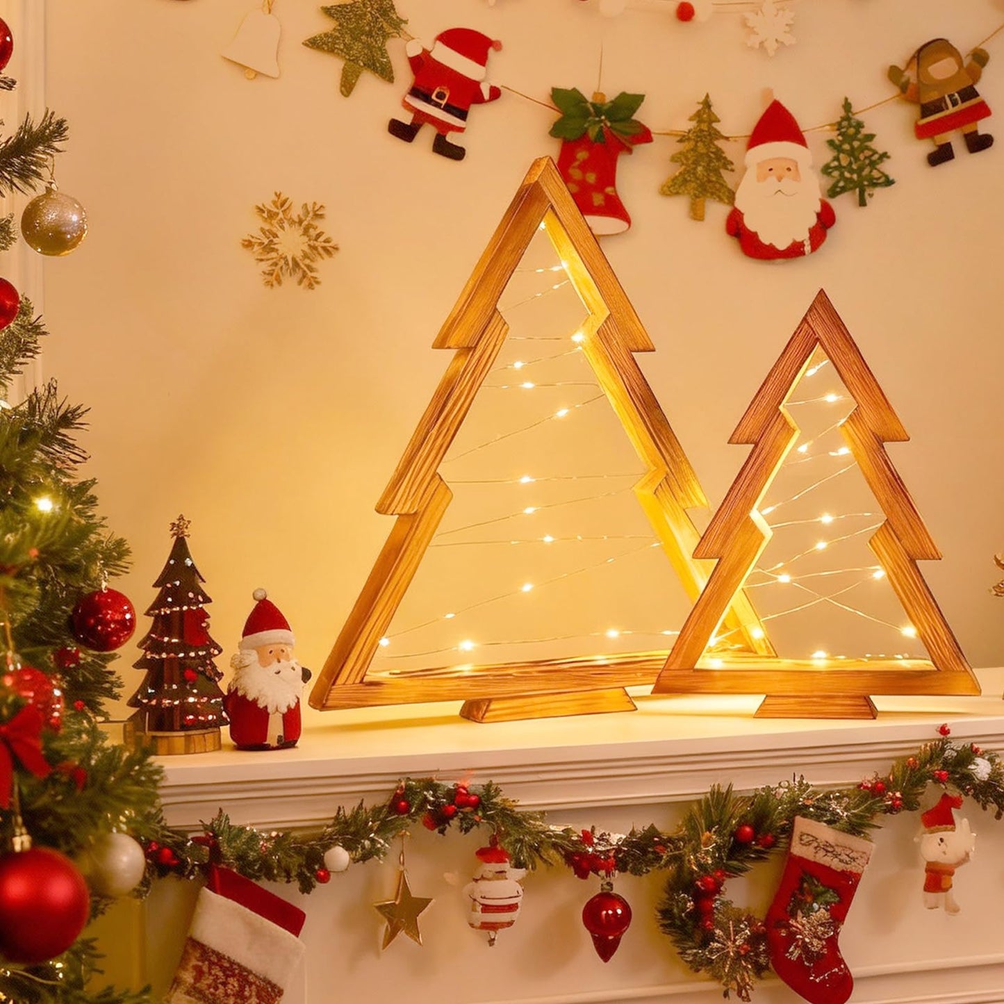 HOMIEE Wooden Christmas Tree 2PCS Handmade Tabletop Decor with Light for Farmhouse Home Kitchen Table Mantle Shelf Holiday Indoor Party Decor