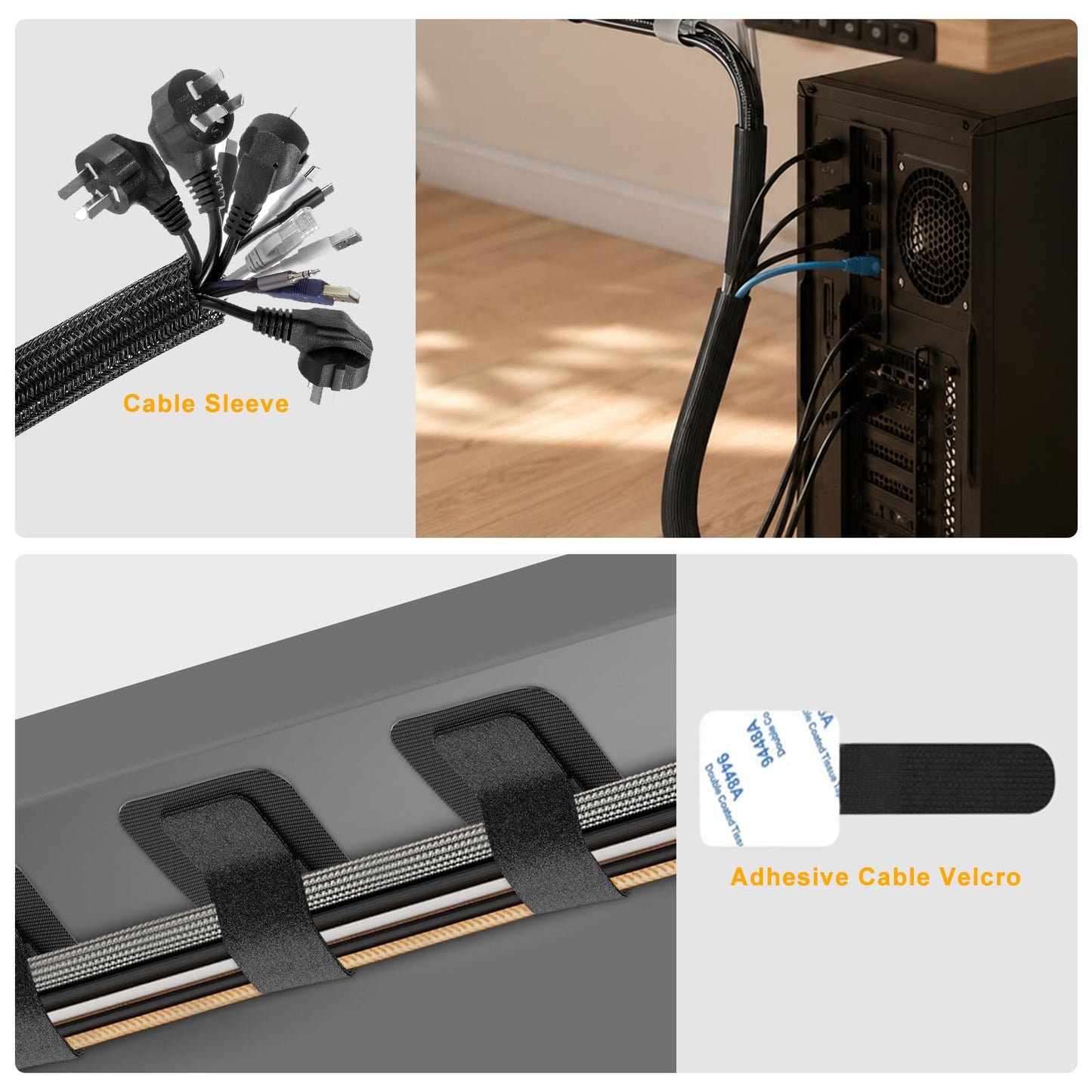 494 PCS Cable Management Kit - 4 Cable Sleeve Split, 2 Cable Organizer, 130 Adhesive Cable Clip, 6 Cable Holder, 2 Roll Cable Organizer Strap, 300 Cable Tie with 50 Mount, for Computer TV Under Desk