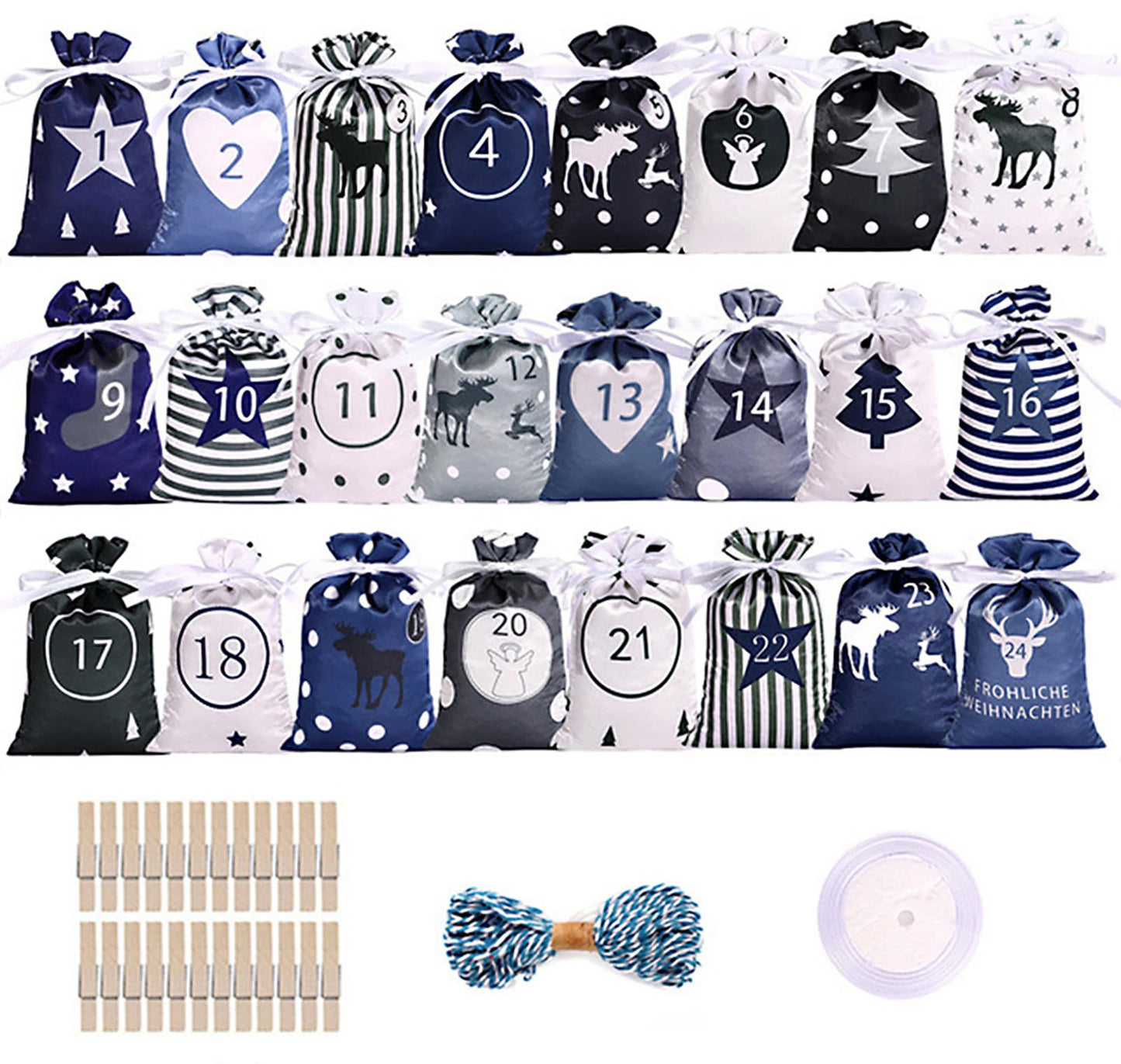24 Pcs Christmas Drawstring Gift Wrap Bags Reusable Advent Calendar Bags Cute Xmas Candy Toys Goody Treat Bag Pocket for Holiday Weedings Birthdays Party Favor Home Storage Gift Bag