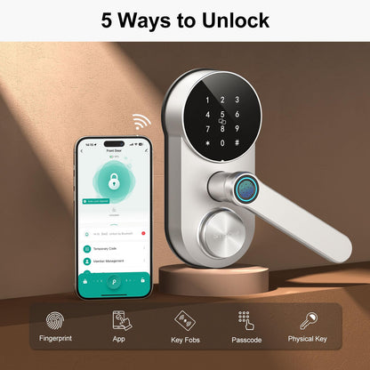 Smart WiFi Door Lock with Handle: SMONET Keyless Entry Lock with Fingerprint for Front Door Anti-peep Keypad Compatible with Alexa