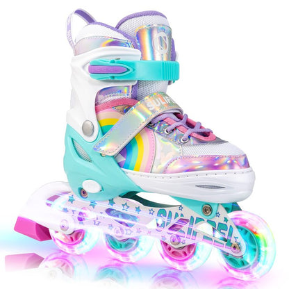SULIFEEL Rainbow Unicorn Adjustable Inline Skates for Girls Boys and Kids with All Illuminating PU Wheels for Outdoor and Indoor Beginner Skates Medium
