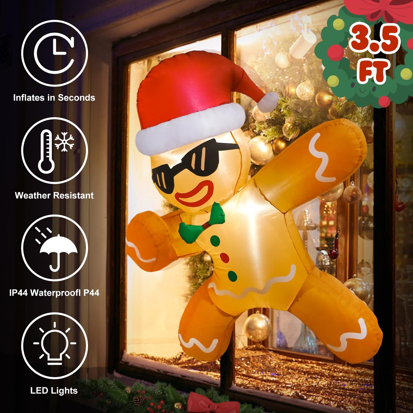 CYAOOI 3.5 FT Inflatables Gingerbread Man Christmas Decorations Outdoor, Funny Gingerbread Inflatable with Xmas Hat Broke Out from Window, Christmas Blow Up with LEDs for Indoor Outside Garden Decor
