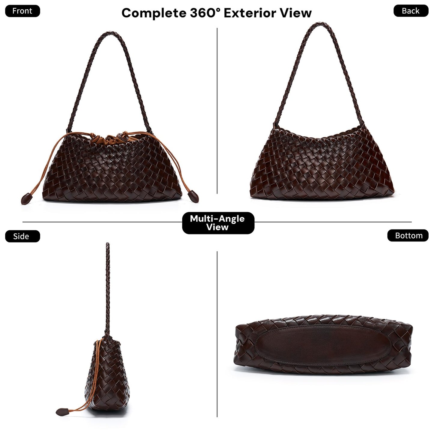 YDF Small Woven Purse for Women, Vegan Leather Shoulder Bag, Slouchy Tote Bag with Inner Drawstring Pouch, Underarm Handbag- Dark Brown