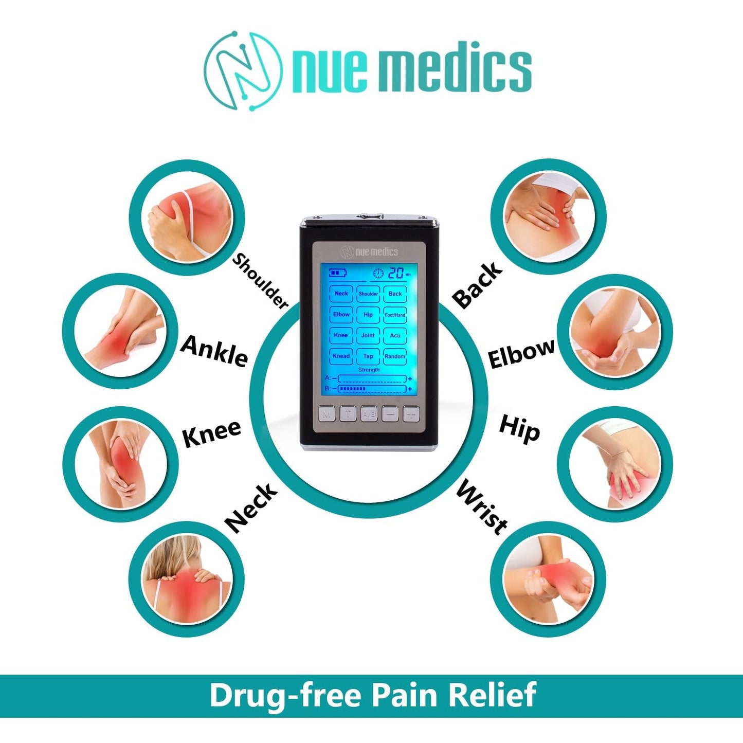 NueMedics Tens 12-Mode TENS & EMS Rechargeable Muscle Stimulator – Dual-Channel Portable Pain Relief Massager with Reusable Pads, Timer & LCD Display