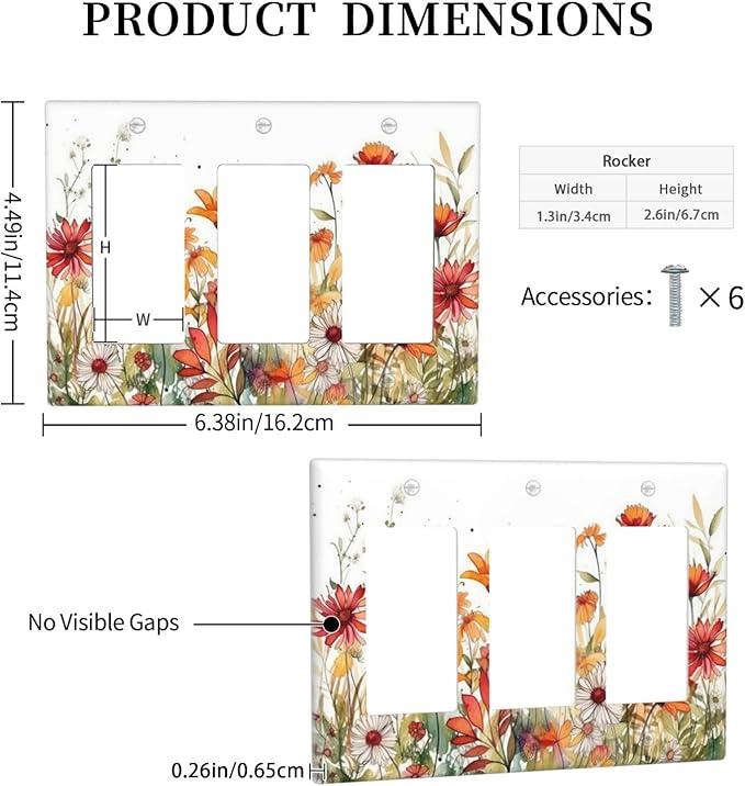 Watercolor Wild Flower Floral Triple Rocker Light Switch Covers 3 Gang Outlet Wall Plate Cover Decorative Switchplate Faceplate GFCI for Nursery Bedroom Bathroom Decor