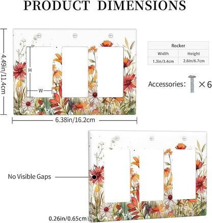 Watercolor Wild Flower Floral Triple Rocker Light Switch Covers 3 Gang Outlet Wall Plate Cover Decorative Switchplate Faceplate GFCI for Nursery Bedroom Bathroom Decor