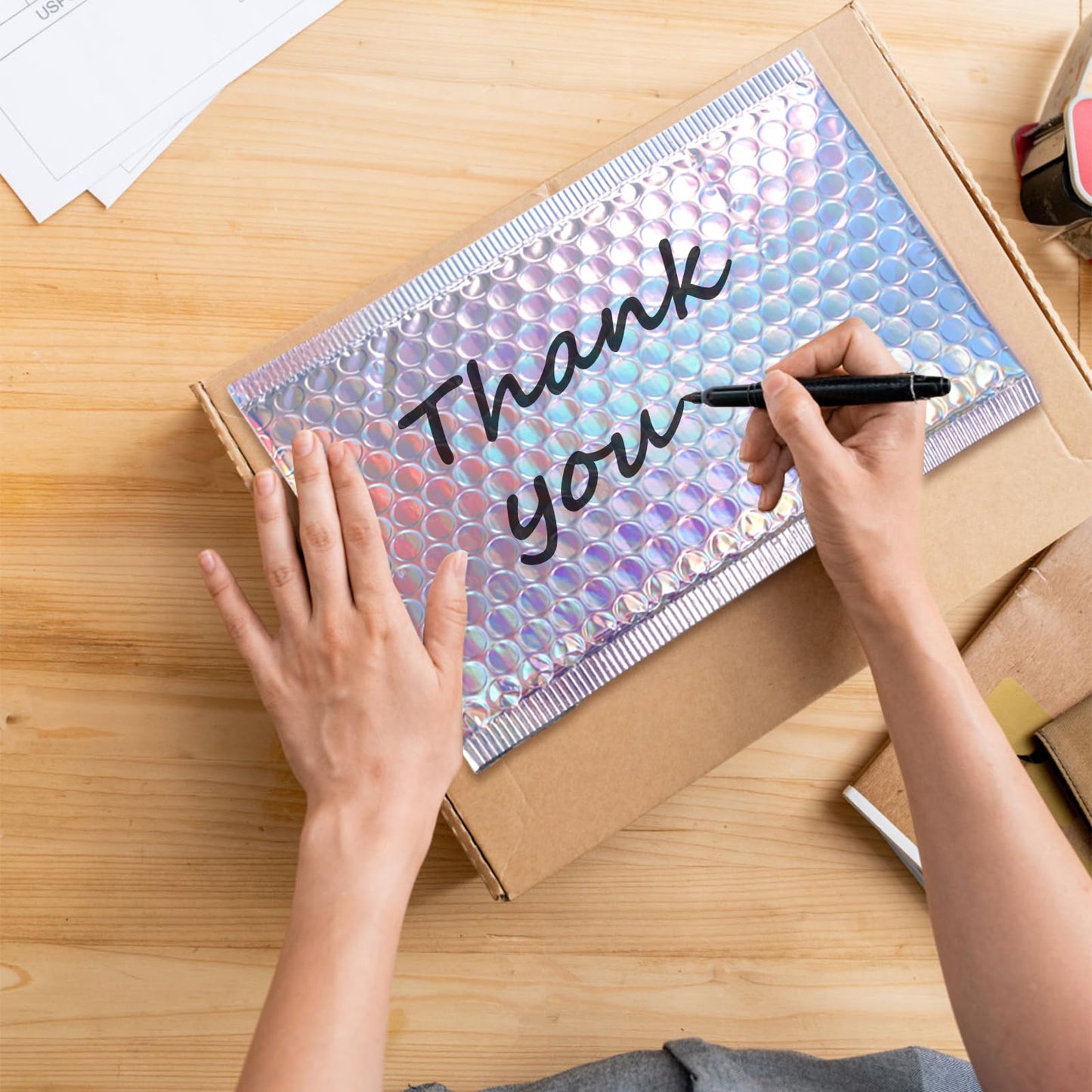 ZAVOOS 50 Pieces Metallic Bubble Mailers, Self-Seal Poly Padded Envelopes, Waterproof Holographic Bubble Shipping Envelopes for Mailing, Packing, Small Business, Christmas Gifting