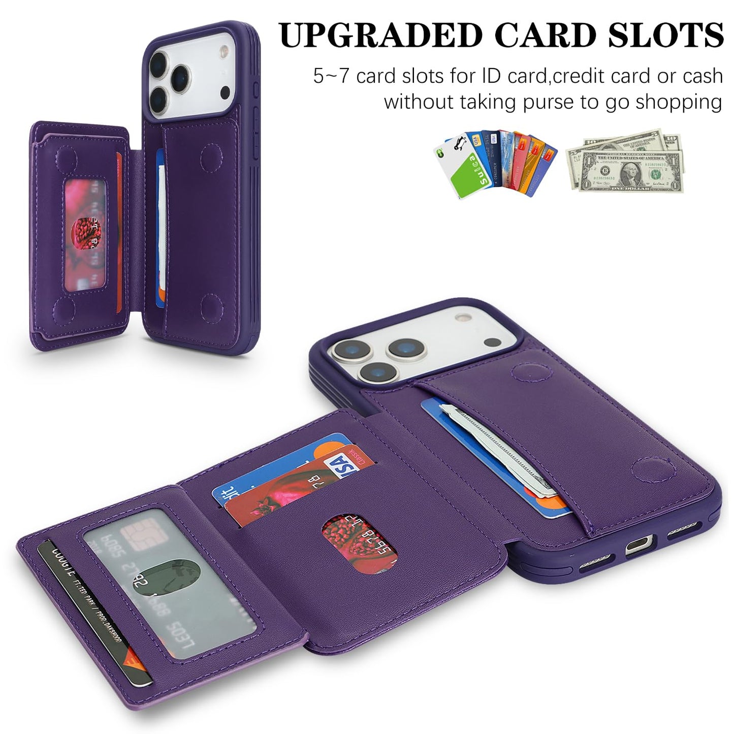 Cavor Compatible with iPhone 17 Pro Wallet Case with Card Holder, Credit Slots Kickstand Stand Phone Case for Women Men, PU Leather Protective Case-Purple