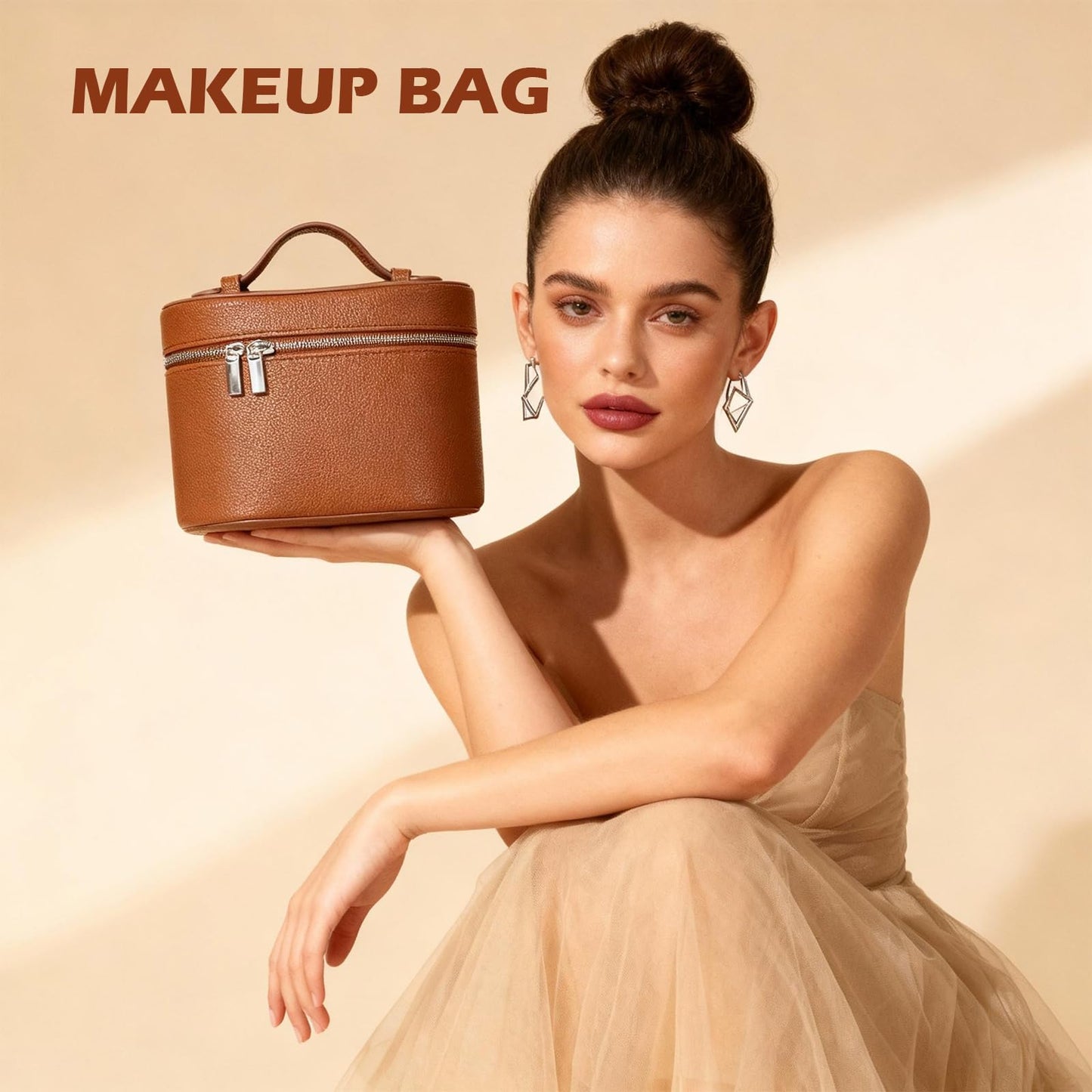 JOVOLIFE Makeup Case, Large Capacity Leather Makeup Bag with Removable Washable Compartment, Portable Waterproof Leather Cosmetic Case, Multi-functional Travel Organizer, Brown