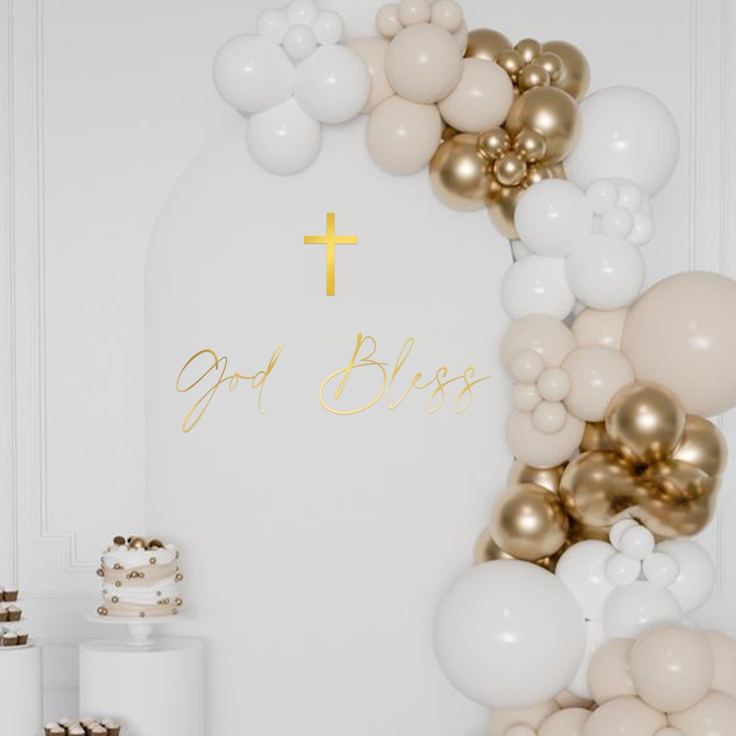 Caption God Bless Decal - Golden Baptism First Communion Party Decorations, God Bless Baptism Balloon Arch Decal for Boys Girls