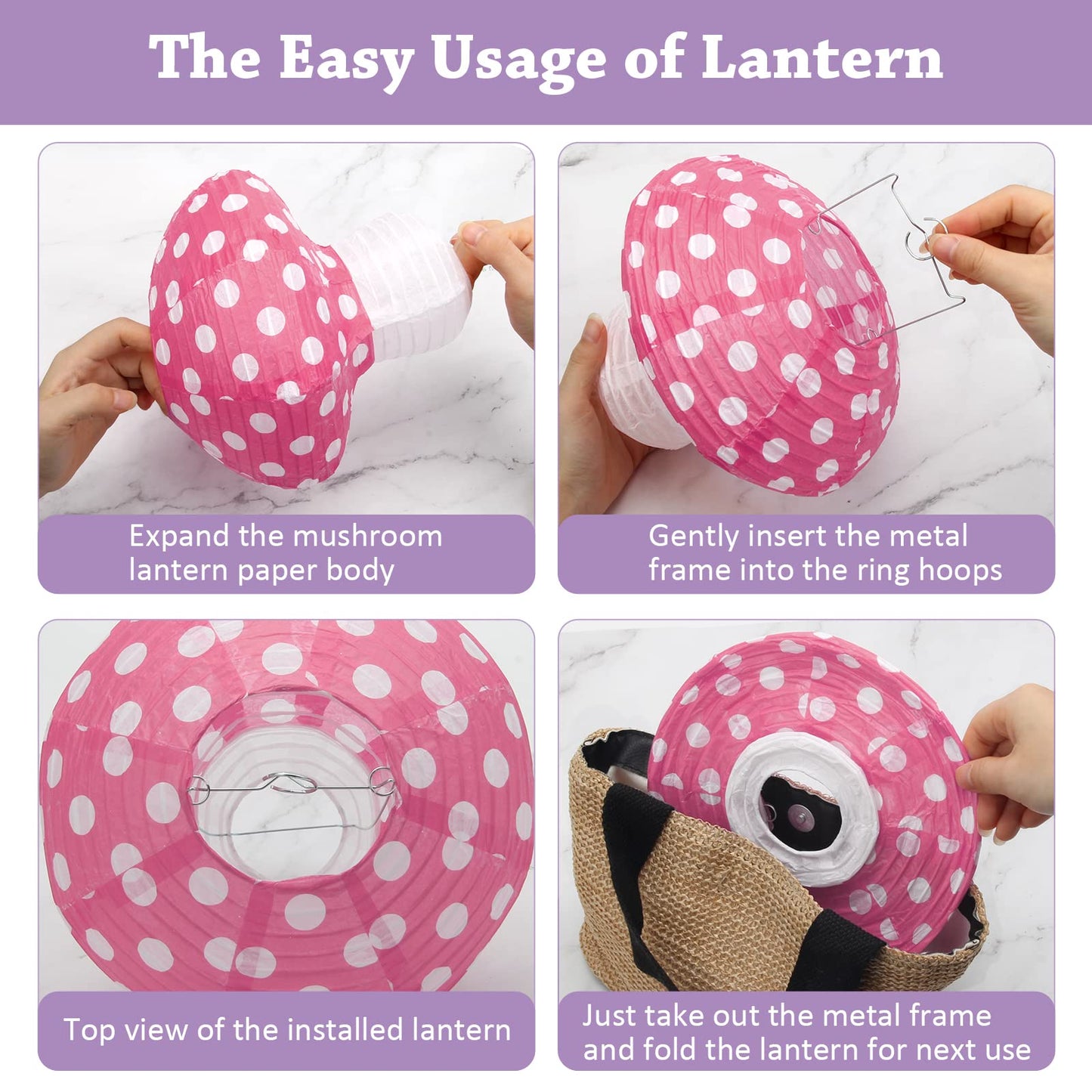 4Pcs Mushroom Shaped Paper Lanterns - Large Mushroom Shaped Paper Lanterns For Nursery, Garden, Christmas Party Decoration - 8 inch, 12 inch (Pink)