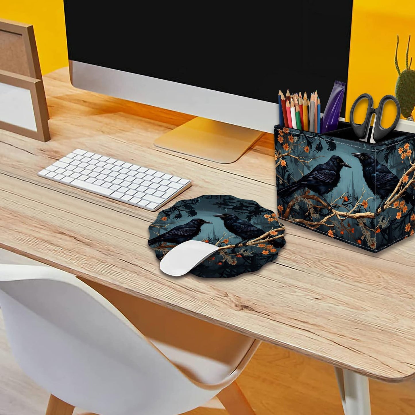 VSHSEEOM Pen Holder for Desk, PU Leather Multifunctional Desktop Storage Box and Anti-Slip Mouse Pad Set, Makeup Brush Holder Pen Organizer for Office and Home - Branch Crow