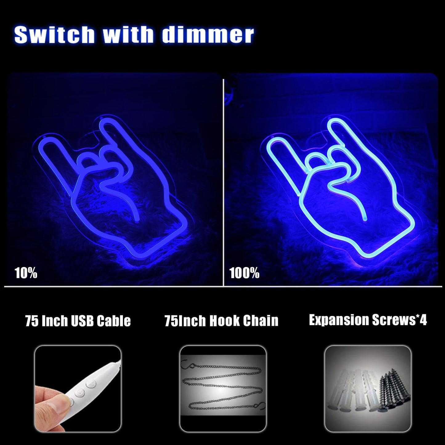 Rock on hand Neon Sign Rockin Hand Neon Light LED Neon Sign for Wall Décor Dimmable Rock and Roll LED Neon Light for Bar Restaurant Music Concert Man Cave Wall Art 14"×8.4"