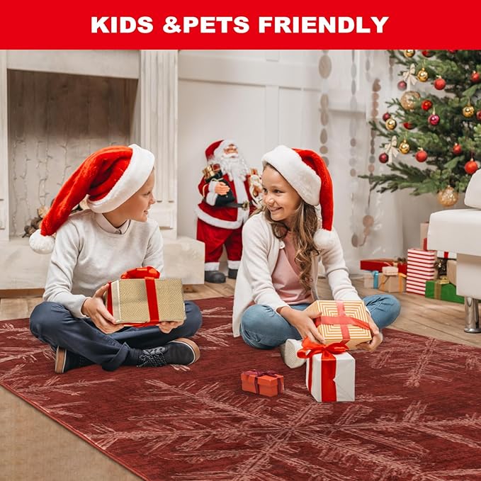 Lahome Snowflake Christmas Area Rugs, 4x6 Indoor Christmas Rug for Bedroom Non Slip Washable Living Room Rugs Holiday Decor Soft Red Rug Throw Carpet for Entryway Kitchen Dining Room(4'x 6',Red)