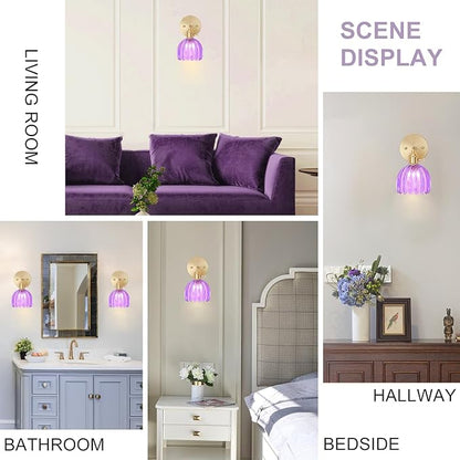 Wall Sconces Set of Two Hardwired, Vintage Sconce Light with Tulip Purple Glass Lampshade, Bathroom Wall Lights with Switch, Gold Wall Light Sconces Wall Decor Set of 2