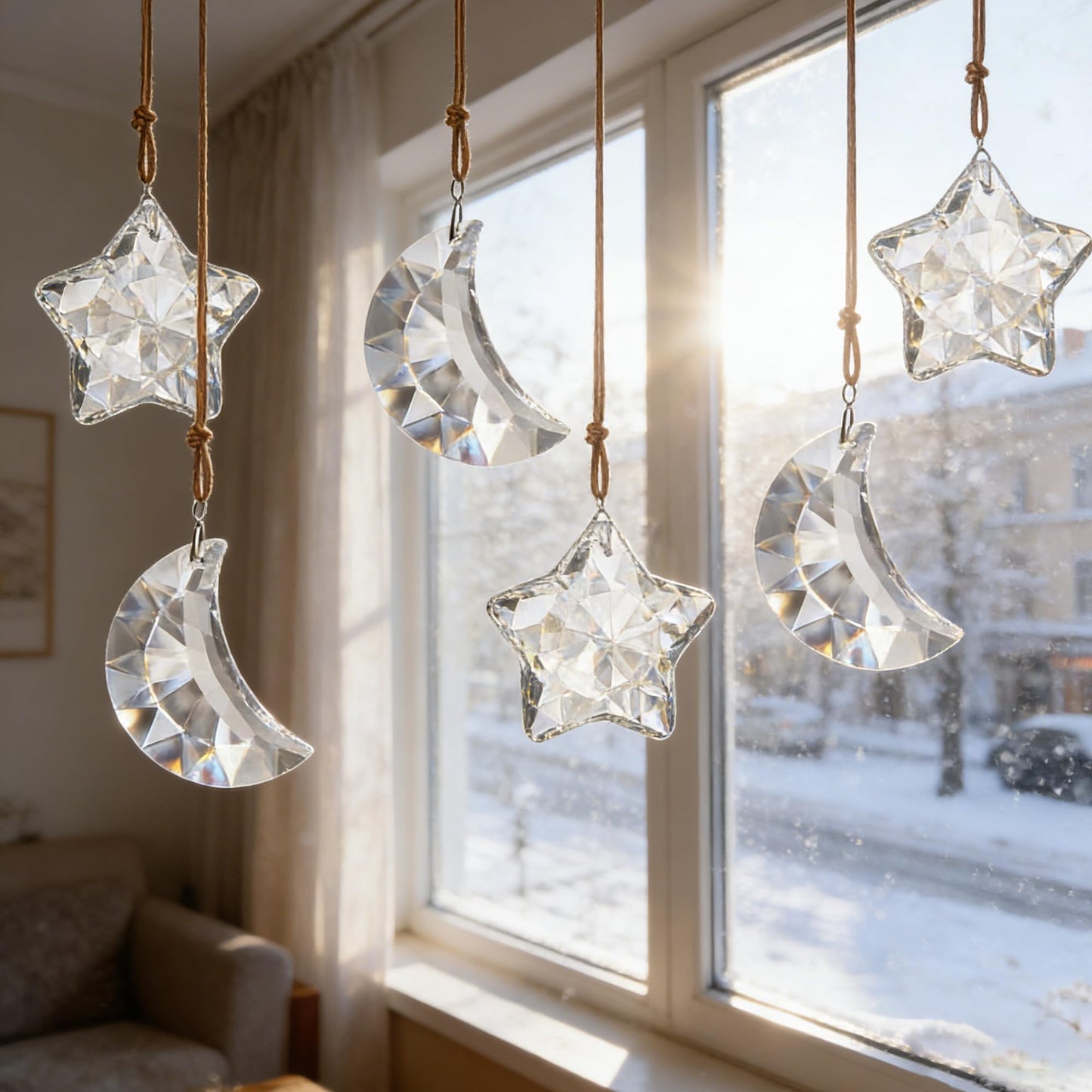LOULIQIGIFT 12pcs Glass Star and Moon Ornaments Clear Hanging Crystal Prisms Ornaments for Chandelier Parts Home Office Window Decor for Mother's Day Birthday Party