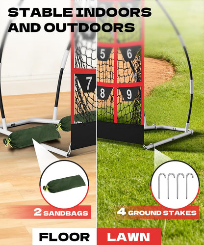 Queension 9 Hole Pitching Target Net with Strike Zone, Baseball Batting Net with Target Pockets, Pitching Net with Ground Stakes and Sandbags for Baseball Training, White