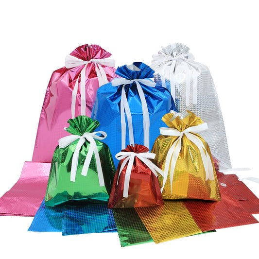 12 Drawstring Goodie Bags, Christmas Party Favor Bags, Present Wrapping Laser Bag, Holiday Treats Bags with Ribbon Ties and Tags in 4 Sizes, for Families Friends Kids in All Occasion of Celebration