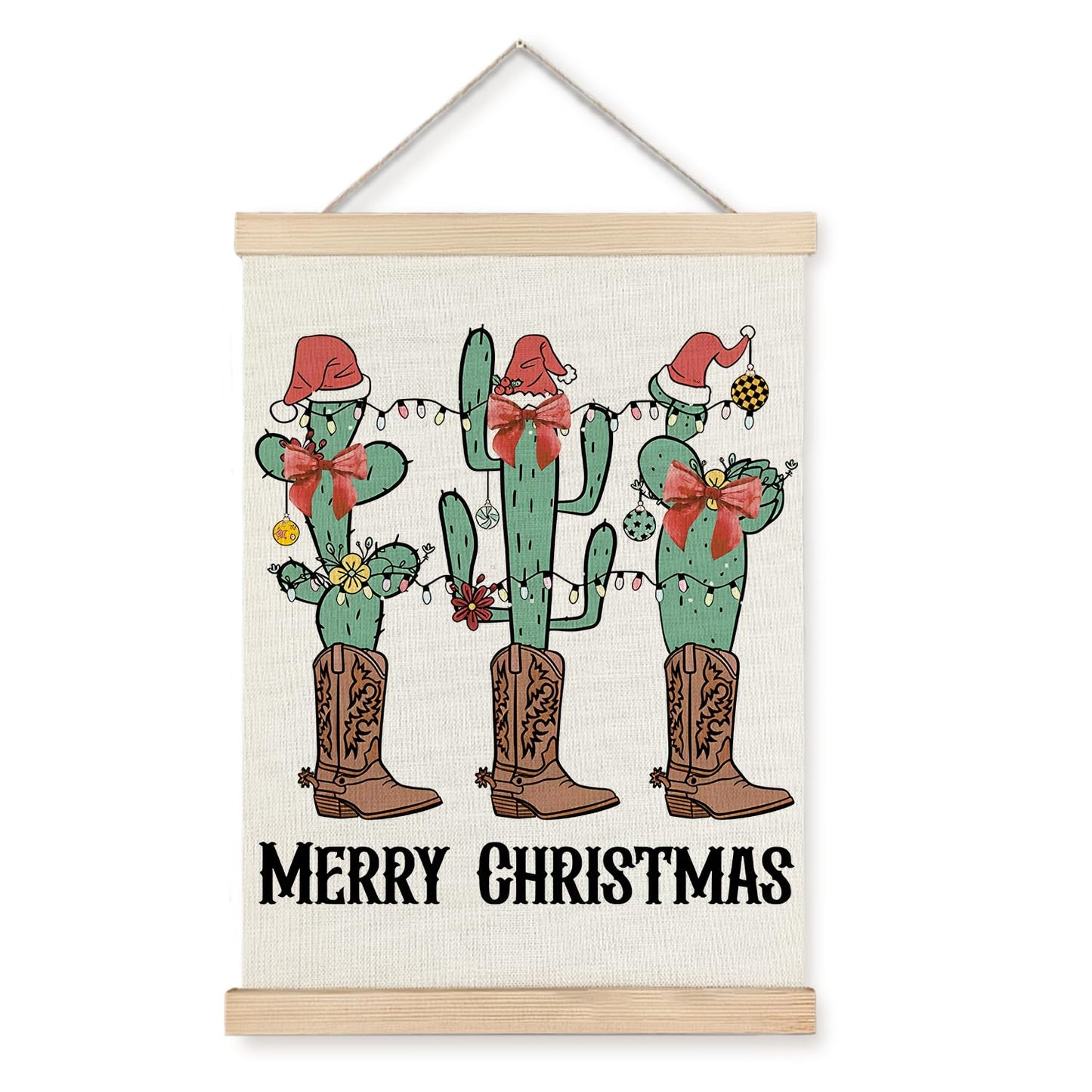 Western Christmas Wall Decor, Christmas Red Bow Cactus Cowboy Boots Wall Art With Wooden Poster Hanger, Christmas Wall Decoration, Western Christmas Wall Art Decor for Home Office, 12x16 Inch