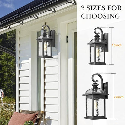 Darkaway Outdoor Lights Fixture Wall Mount, Exterior Wall Light with Water Ripple Glass Waterproof Black Outside Wall Sconce for House Porch Hallway Garage