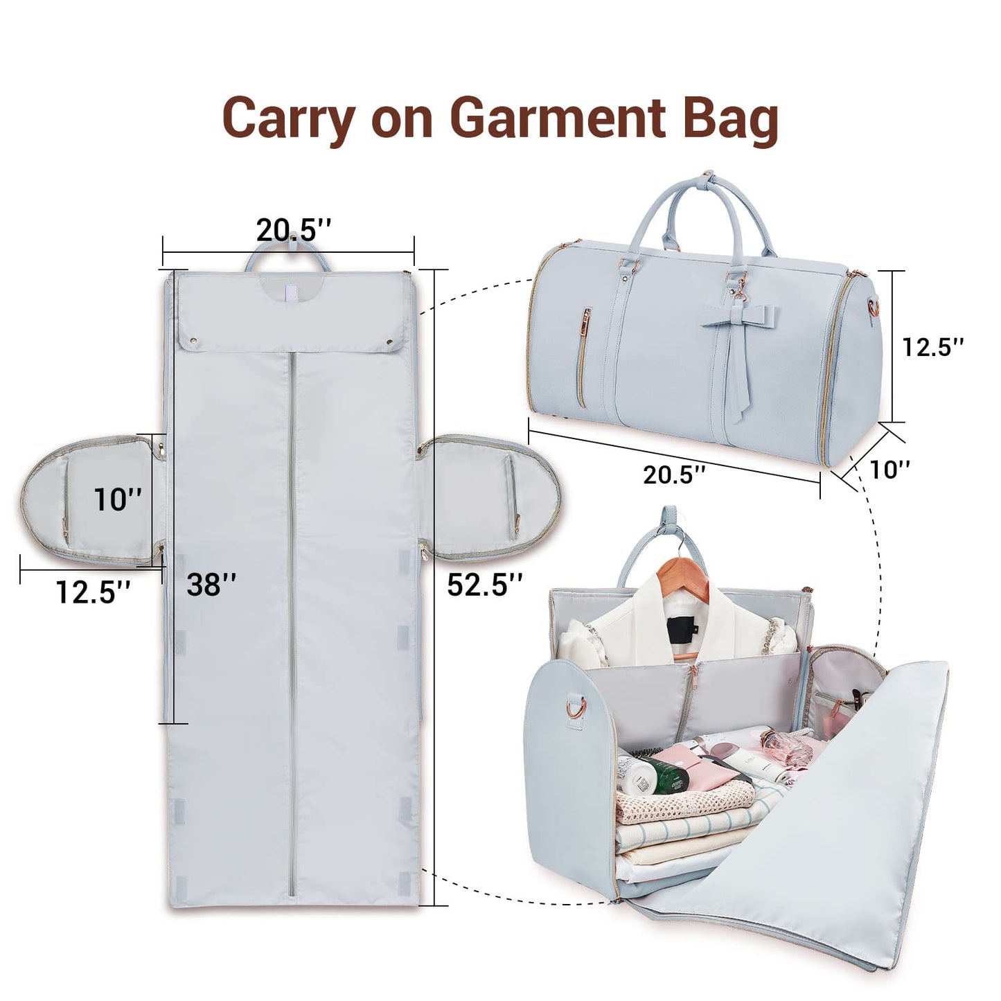 Garment Bags for Travel, Convertible Suit Travel Bag for Women, Stylish Carry On Garment Bag with Toiletry Pocket, Shoulder Strap and Shoes Compartment, 2 in 1 Foldable PU Leather Duffle Bag, Blue