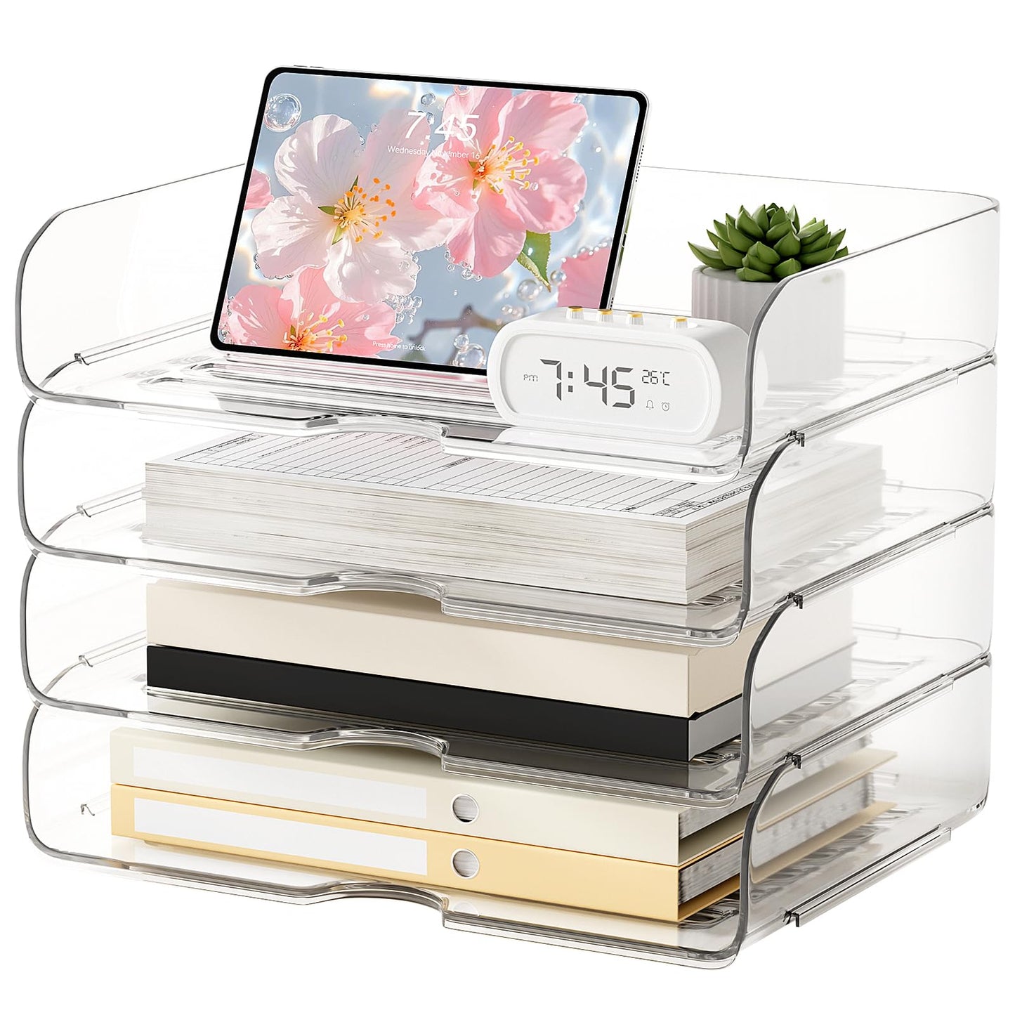 NUOGIC 4-Tier Large-Capacity Paper Organizer, Clear Stackable Desk Organizer & Acrylic Paper Tray, Transparent & Easy Access,Desk File Organizer for Home Office & School