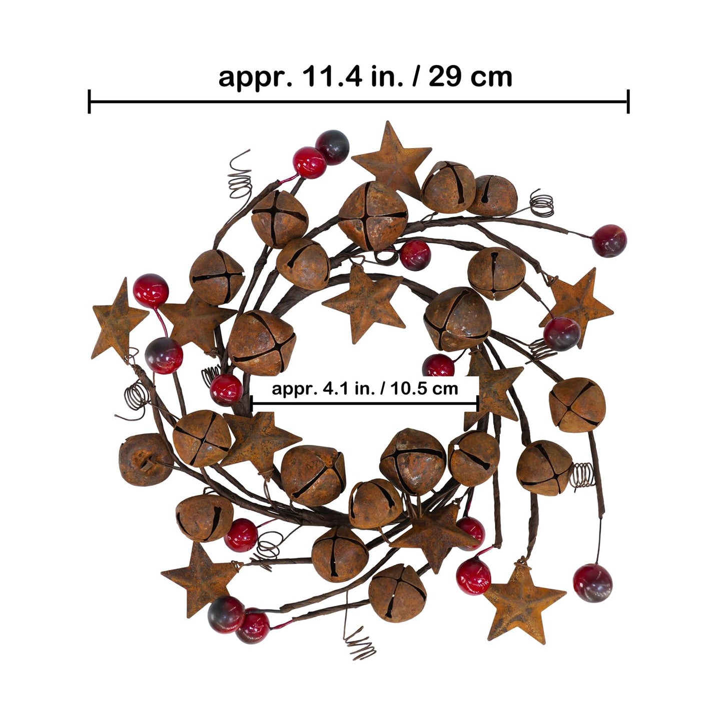 Winlyn 4 Pcs Christmas Jingle Bells Candle Rings Rusty Bells and Stars Wreaths Burgundy Berries 4.1" Center Mini Decorative Wreaths for Primitive Farmhouse Holiday Home Table Decoration Centerpiece