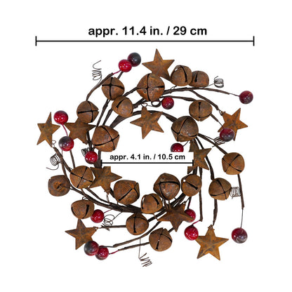 Winlyn 4 Pcs Christmas Jingle Bells Candle Rings Rusty Bells and Stars Wreaths Burgundy Berries 4.1" Center Mini Decorative Wreaths for Primitive Farmhouse Holiday Home Table Decoration Centerpiece