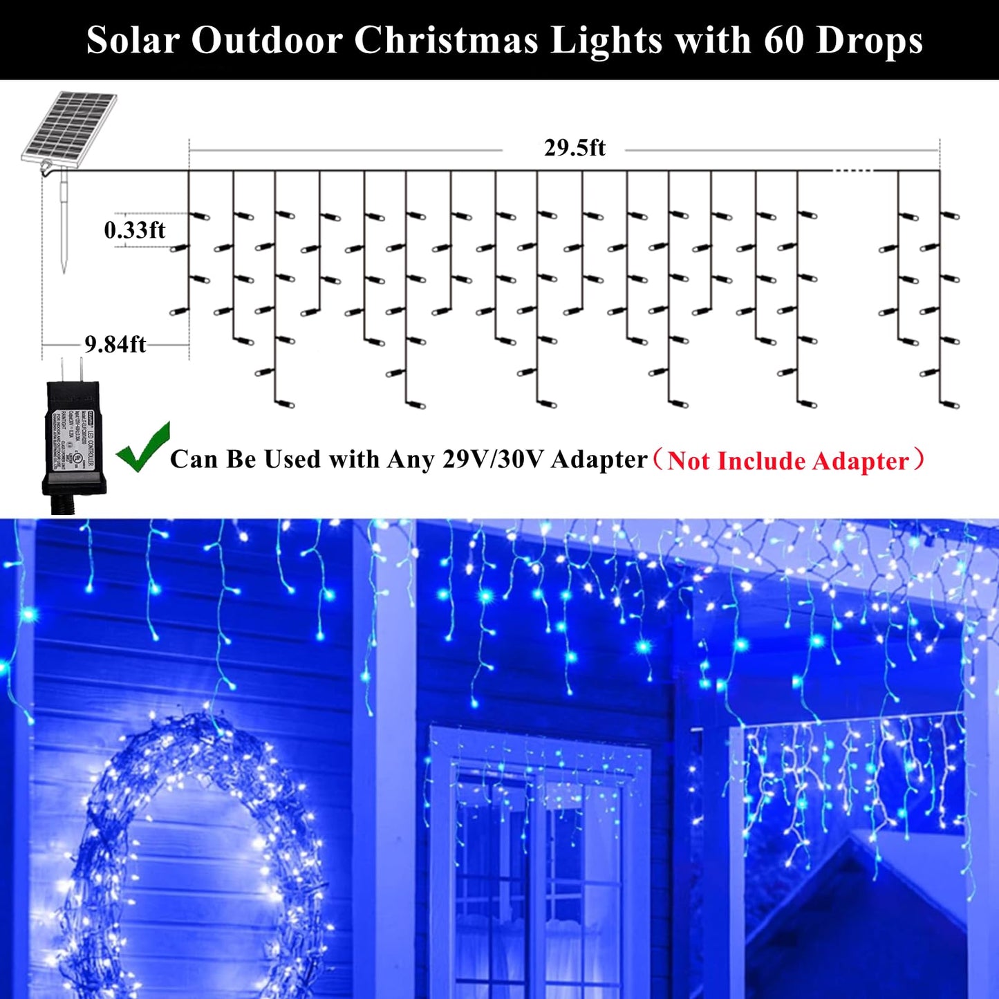 KiflyTooin Solar Christmas Lights Outdoor Waterproof Christmas Decorations Curtain Lights 320LED 29.5ft 60 Drops, Solar Powered Rechargeable Fairy Lights for Party, Wedding, Home Decorations(Blue)